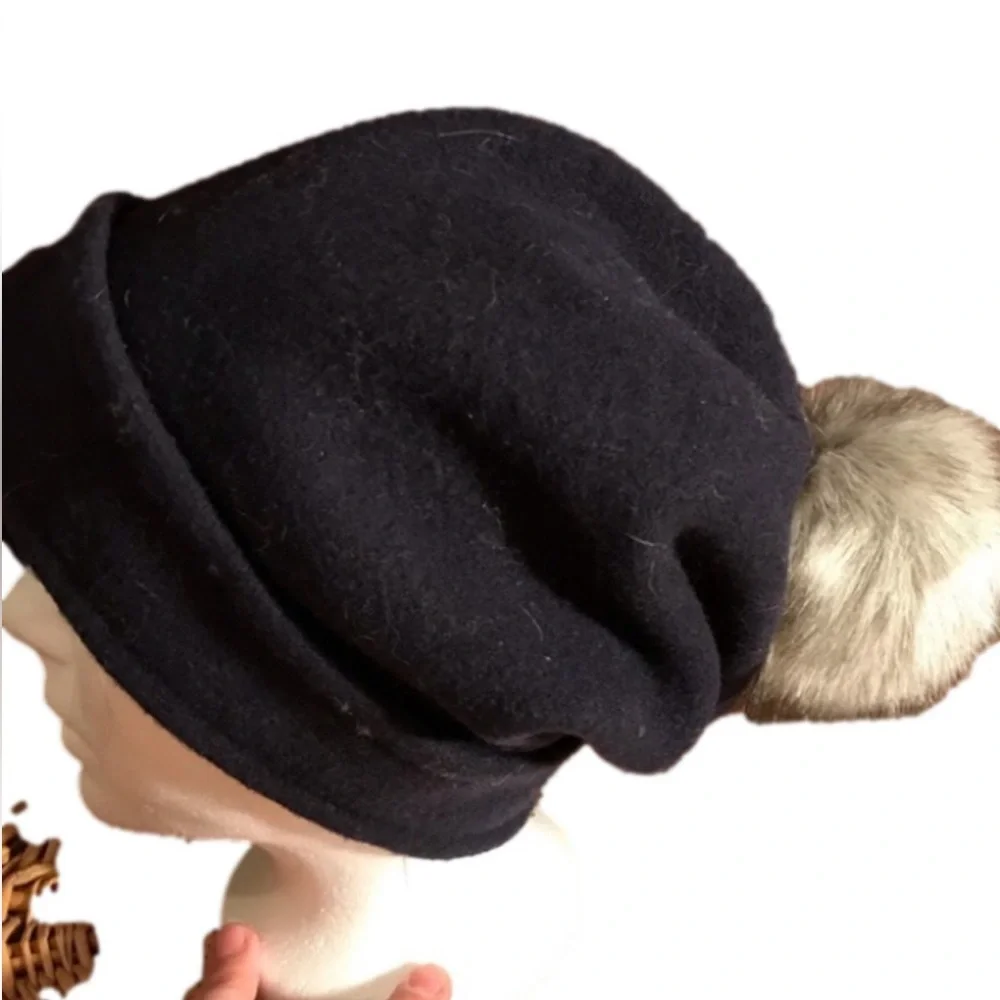 Parkhurst 100% Wool Felted Slouchy Hat w/Pom Pom Black - Picture 9 of 9